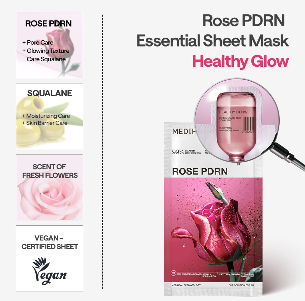 Rose PDRN Essential Sheet Mask packaging with magnifying glass and product details on a white background, Mediheal Rose PDRN Mask 10+1