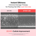 Before and after comparison of flowing hair with text about instant silkenness and intensive damage therapy, Growus Damage Therapy No-Wash Treatment EX 250ml