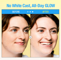 Before and after comparison of a woman's face with text 'No White Cast, All-Day GLOW' on a yellow background, Goodal Green Tangerine Vita C Dark Spot UV Defense Sunscreen Spf 50 50ml