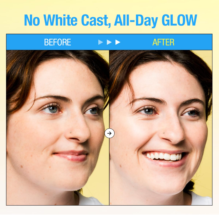 Before and after comparison of a woman's face with text 'No White Cast, All-Day GLOW' on a yellow background, Goodal Green Tangerine Vita C Dark Spot UV Defense Sunscreen Spf 50 50ml