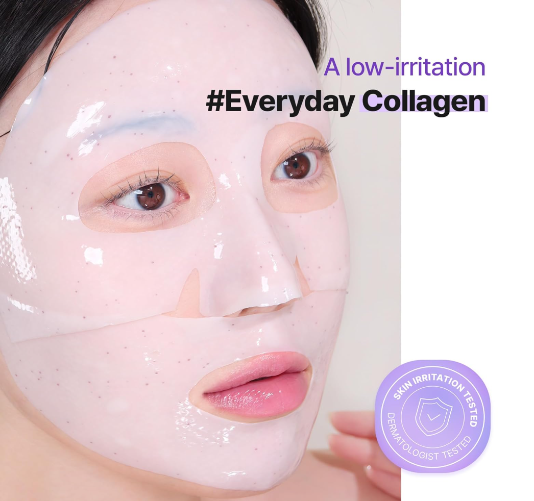 Person wearing a white face mask with '#Everyday Collagen' text and '#Skin Irritation Tested' badge, BOH Probioderm Collagen Remodeling Serum Gel Mask