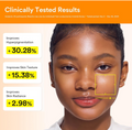Woman's face with clinical test results on skin improvement displayed, Abib Glutathiosome Dark Spot Toner 200ml