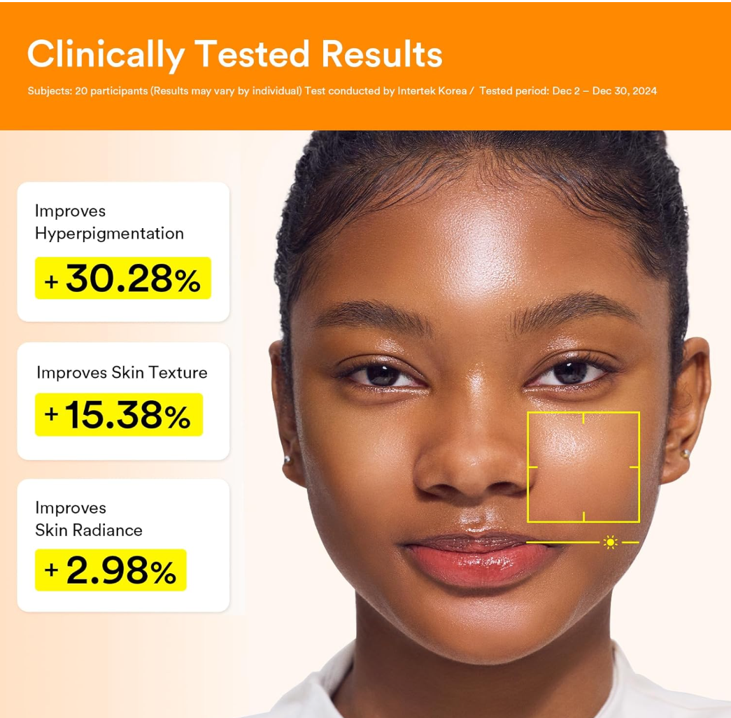 Woman's face with clinical test results on skin improvement displayed, Abib Glutathiosome Dark Spot Toner 200ml
