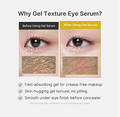 An informational graphic titled 'Why Gel Texture Eye Serum?' showing a before-and-after comparison on human eyes and under-eye skin, with bullet points listing benefits such as fast-absorbing gel and smooth under-eye finish, MEDICUBE Kojic Acid Turmeric Vita Eye Gel Serum 30ml