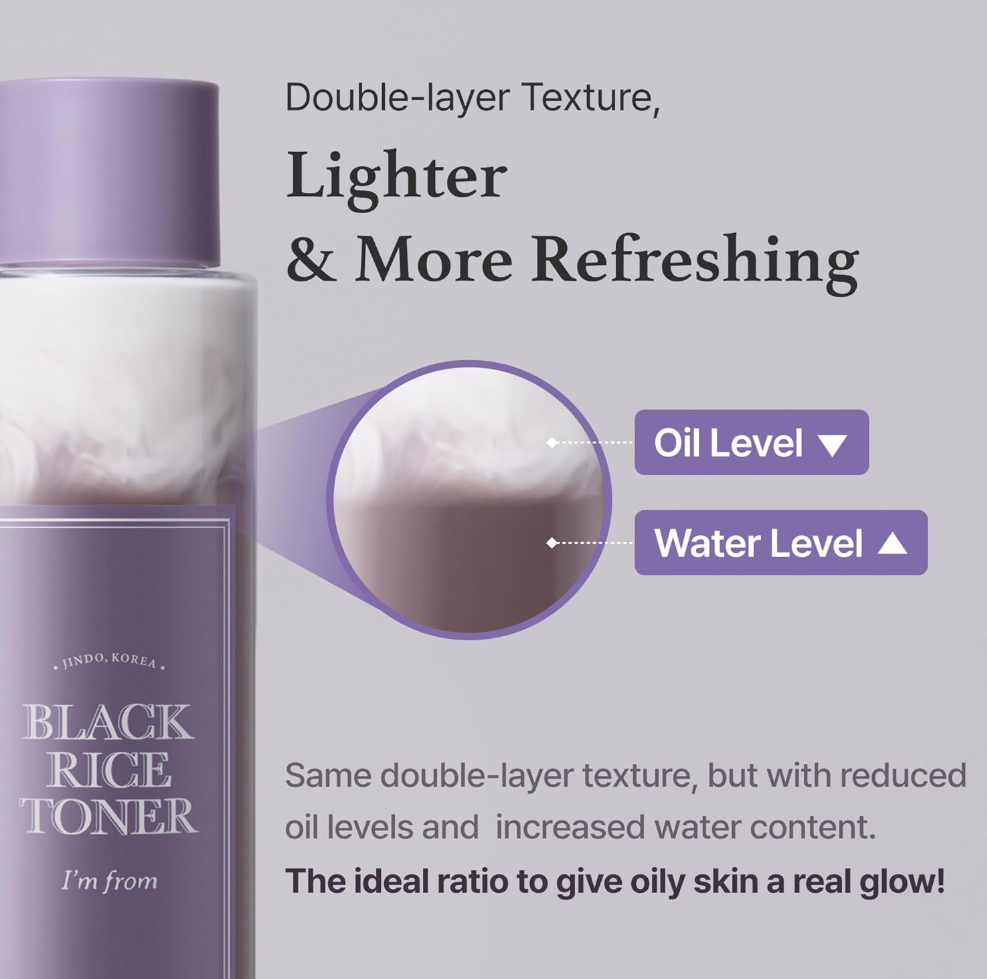 Black Rice Toner bottle with text about double-layer texture, oil level, and water level on a gray background, I'm From Black Rice Toner 150ml