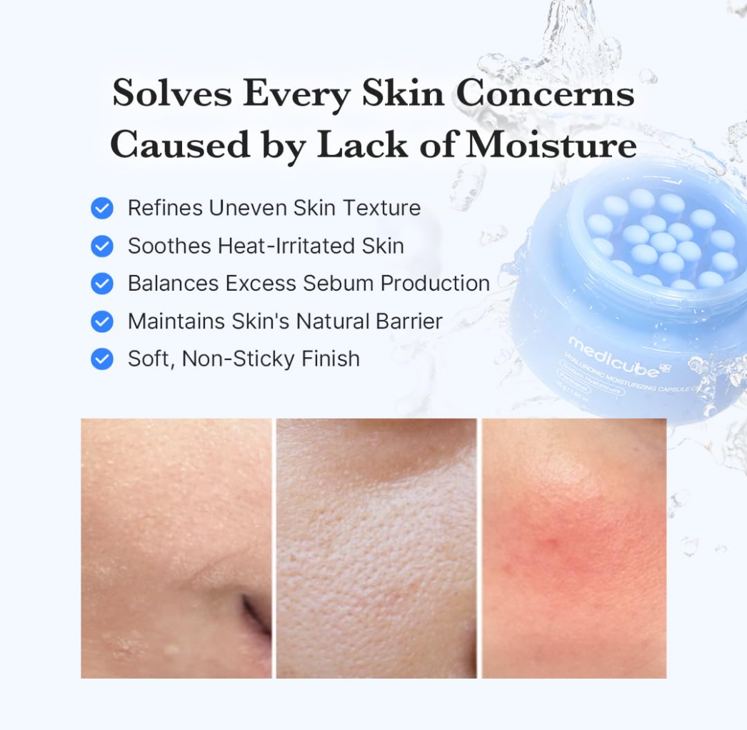 Product packaging with text on skin benefits and before-and-after skin texture comparison, Medicube Hyaluronic Moisturizing Capsule Cream 55g