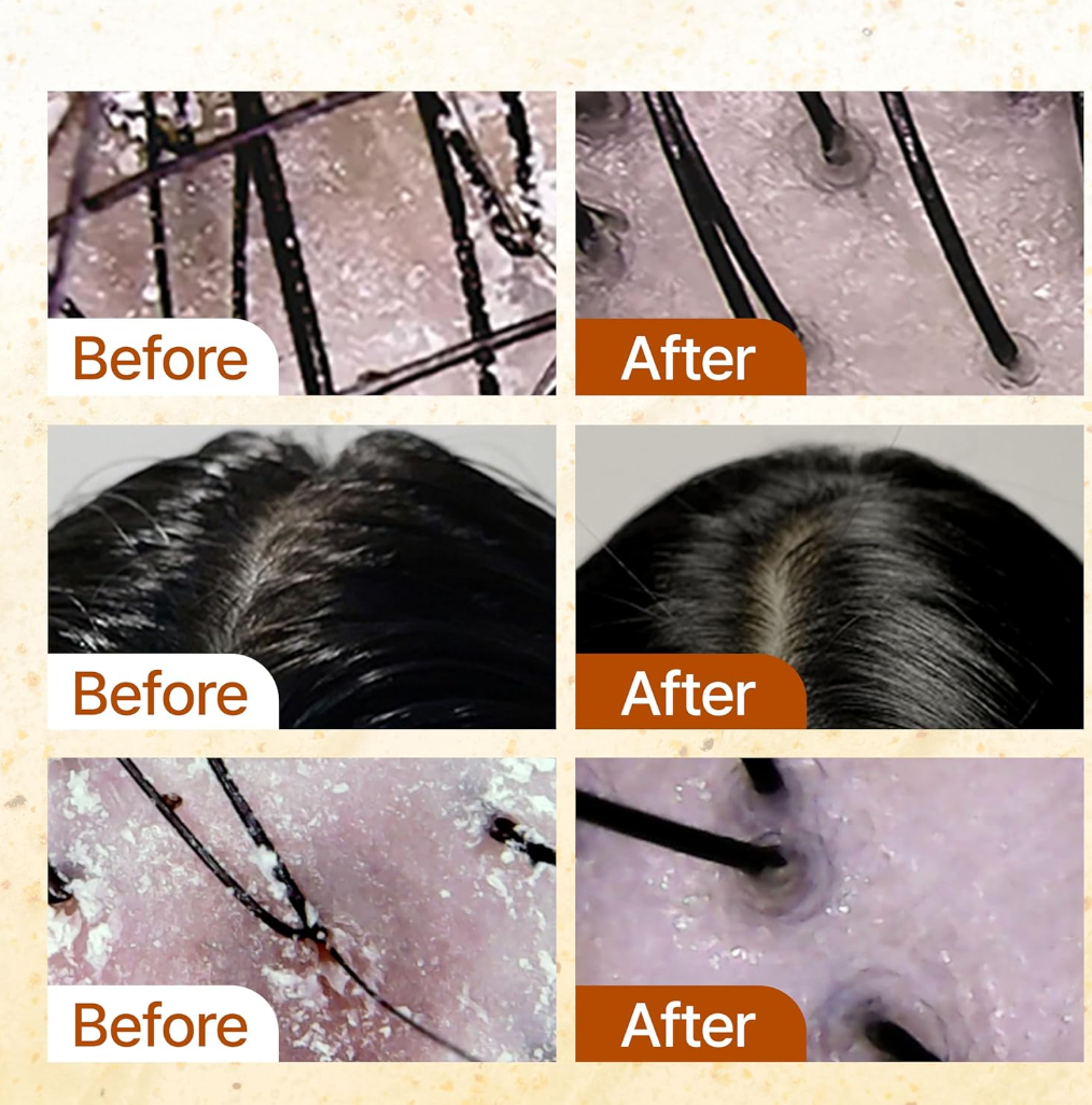 Before and after comparison of a hair care product application on hair strands,  Growus Sea Salt Therapy Shampoo 500g