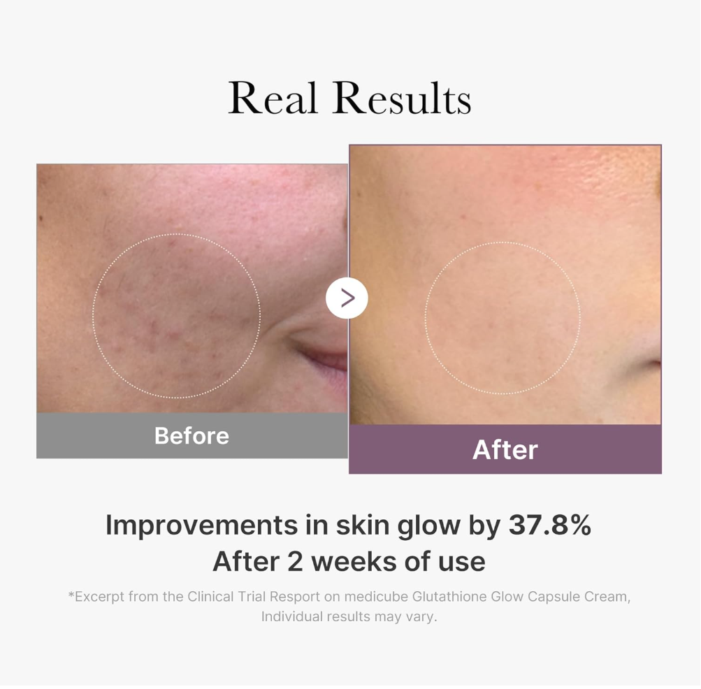 Before and after comparison of skin glow improvements with text indicating 37.8% improvement after 2 weeks of use, Medicube Age-R Glutathione Glow Capsule Cream 50ml