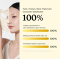 Woman wearing a skincare mask with consumer satisfaction statistics on a beige background, Medicube Deep Vita C Daily Quick Mask 350g 30 sheets