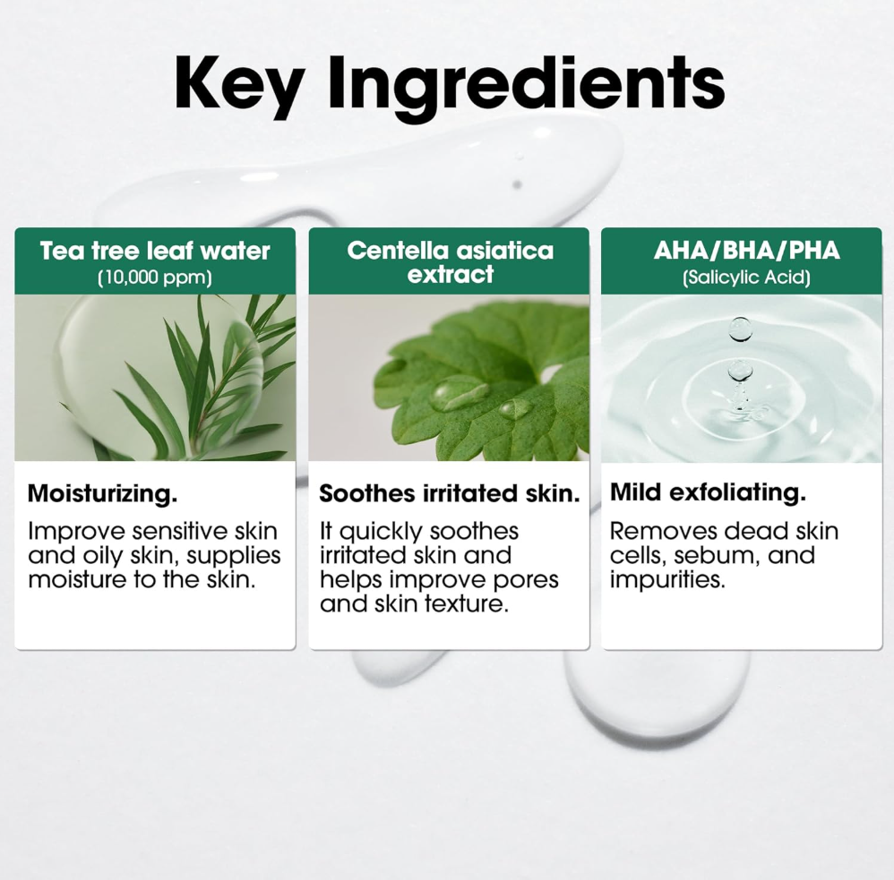 Key ingredients of a skincare product with images and descriptions on a white background, Somebymi AHA.BHA.PHA 30 Days Miracle Acne Clear Foam 100ml