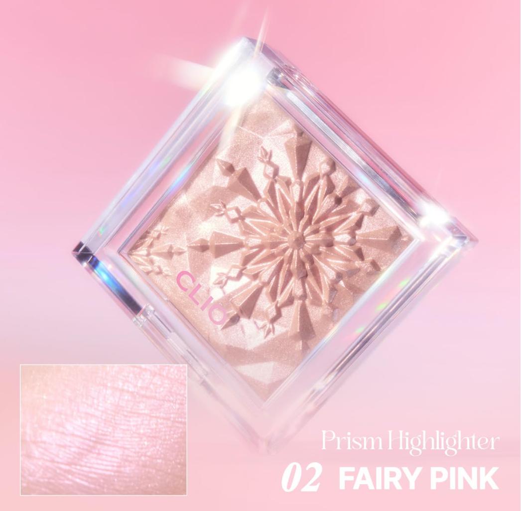 Prism highlighter with 'Fairy Pink' shade on a pink background, Clio Peism Highlighter 2 Fairy Pink 8g