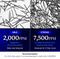 Two images showing different concentrations of a product with text indicating 'Mild' and 'Strong' levels and their respective PPM values, Medicube One Day Exosome Shot Pore Ampoule 2000 30ml