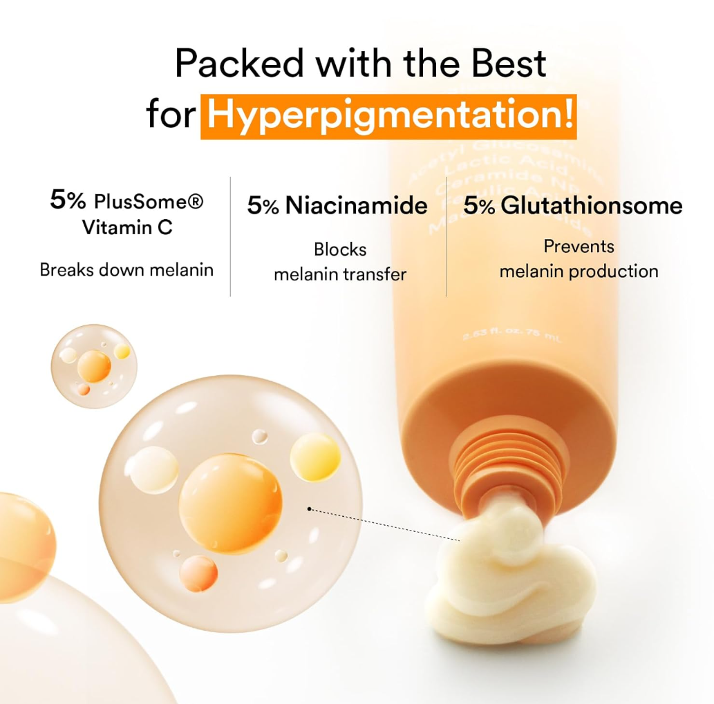 Cosmetic product with text highlighting ingredients for hyperpigmentation treatment on a white background,. Abib Glutathione Creme Vita Tube 75ml