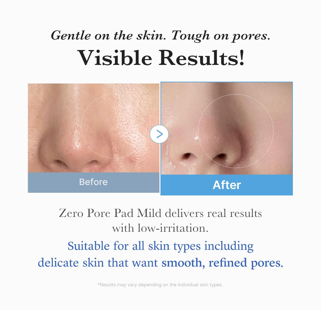 Before and after comparison of skin with pores, featuring a Zero Pore Pad Mild product, Medicube Zero Pore Pad Mild 155g 70 pads