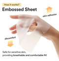 Hand wearing an embossed sheet with text explaining its benefits on a white background, Abib Collagen Gel Mask Jericho Rose Jelly 4ea