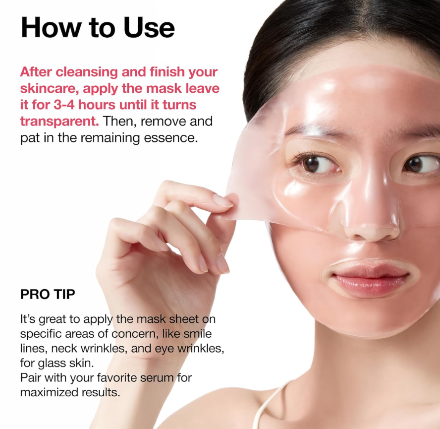 Woman applying a face mask with text on how to use it, Anua Peach 70 Niacin Brightening Collagen Mask 4ea