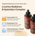 Two bottles of Arwell Licorice Radiance & Hydration Complex on a beige background with product details, Acwell Licorice pH Balancing Advance Serum 30ml