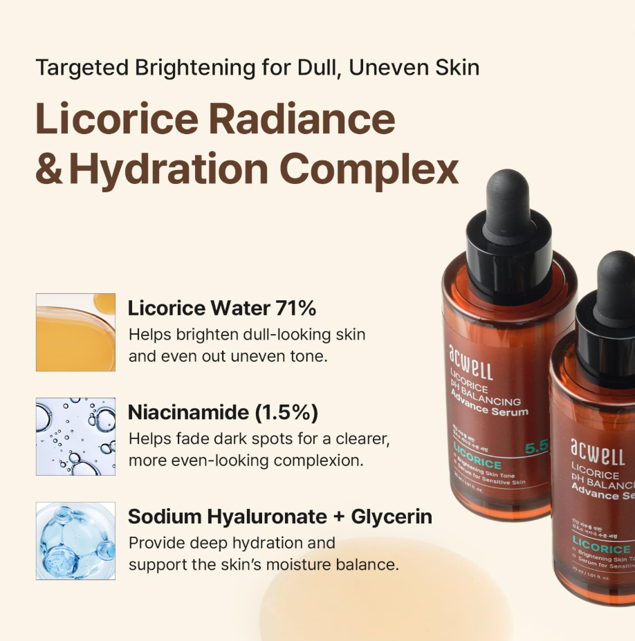 Two bottles of Arwell Licorice Radiance & Hydration Complex on a beige background with product details, Acwell Licorice pH Balancing Advance Serum 30ml