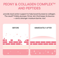 A pink promotional graphic for a skincare product called Peony & Collagen Complex. The text at the top explains that it provides dual-action support to boost and preserve collagen. LANEIGE Bouncy & Firm Sleeping Mask 60ml