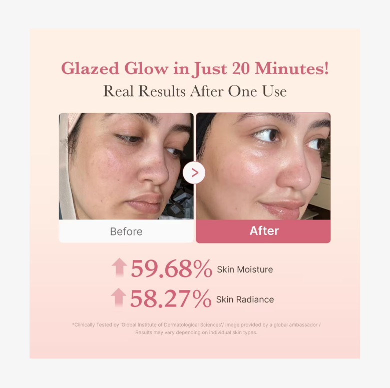 Before and after skin comparison with text on a pink background, Medicube Collagen Milk Toning Wrapping Mask 75ml