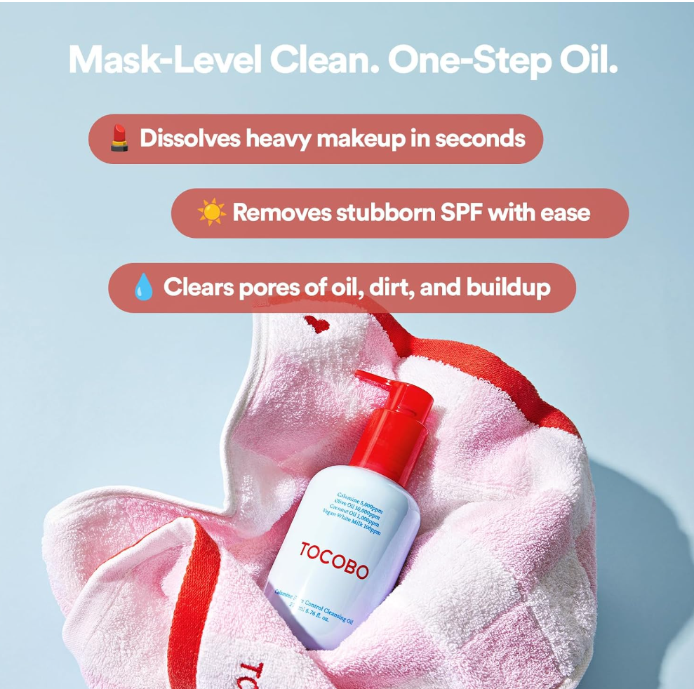 A bottle of TOCOBO Mask-Level Clean. One-Step Oil. TOCOBO Calamine Pore Control Cleansing Oil 200ml