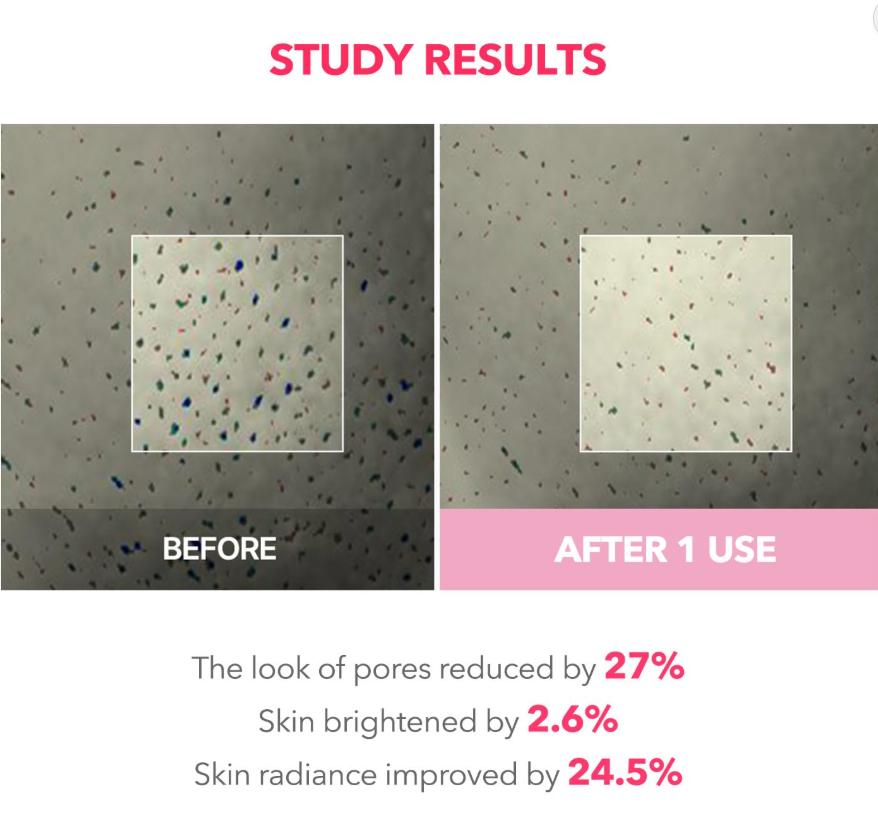 Before and after comparison of a surface treatment with study results on skin improvement, April Skin TXA Niacinamide 99 Night Wrapping Mask 80ml