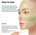 Facial mask application guide with a woman wearing a green face mask, Anua Heartleaf 70 Soothing Collagen Mask 4ea