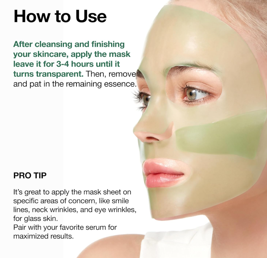 Facial mask application guide with a woman wearing a green face mask, Anua Heartleaf 70 Soothing Collagen Mask 4ea