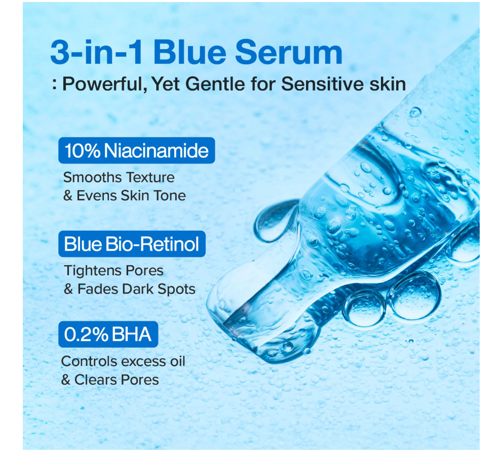 Numbuzin Blue Bio-Bi Retinol Pore Retining Serum in a blue glass dropper bottle, shown against a white background with a large light-blue water droplet graphic behind it. Numbuzin Blue Bio-Retinol Pore No.3 Refining Serum 30ml