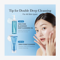 Cosmetic products for double deep cleansing with a woman's face on a blue background, Medicube Zero Pore Blackhead Deep Cleansing Oil 205ml