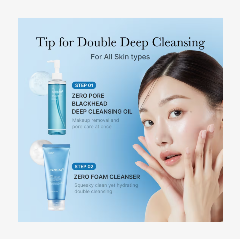 Cosmetic products for double deep cleansing with a woman's face on a blue background, Medicube Zero Pore Blackhead Deep Cleansing Oil 205ml