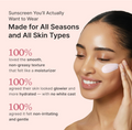 Advertisement for a sunscreen product with a woman applying it on her face, set against a pink background, Medicube Collagen No Cast Just Glow Sunscreen spf50 50ml