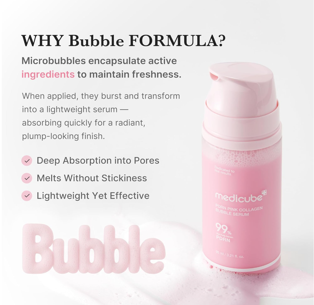 A pink pump bottle of medicube Skin Pink Collagen Bubble Serum on a white background with promotional text and a large 'Bubble' wordmark, Medicube PDRN Pink Collagen Bubble Serum 95ml