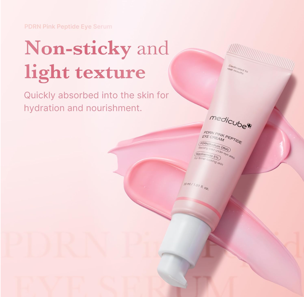 Pink eye serum tube with text on a pink background, Medicube PDRN Pink Peptide Eye Cream 30ml