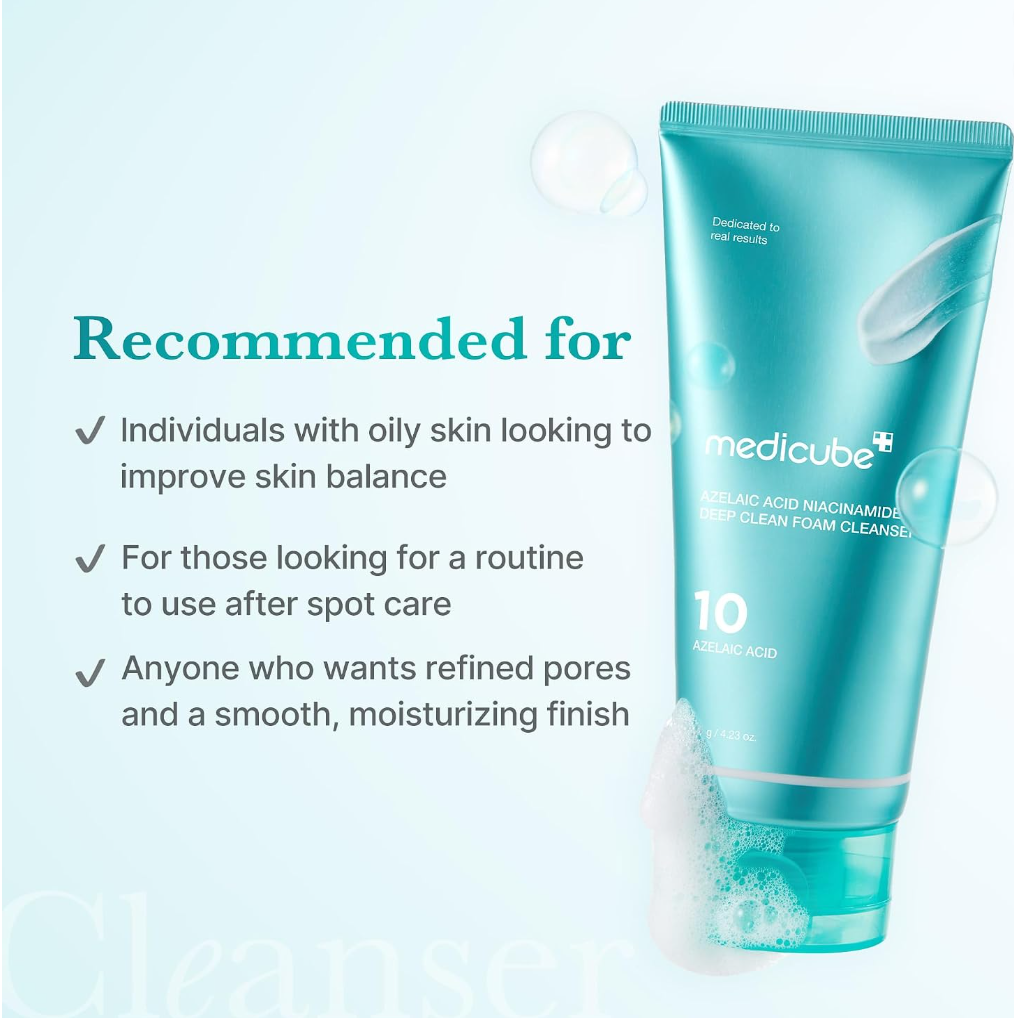 A teal tube of medicube 10 Facial Foam Cleanser shown on a light blue background with marketing text reading 'Recommended for' and bullet points for oily skin and spot-care use, Medicube Azelaic Acid Niacinamide Deep Clean Foam Cleanser 120g