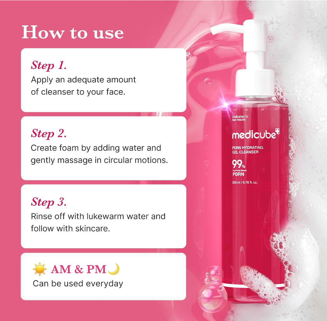 Medicube cleanser bottle with usage instructions on a pink background, Medicube PDRN Hydrating Gel Cleanser 200ml