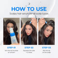 Instructions on how to use Scalpy hair serum for all scalp types with a woman applying it, Seapuri Scalpy Hair Serum 20ml