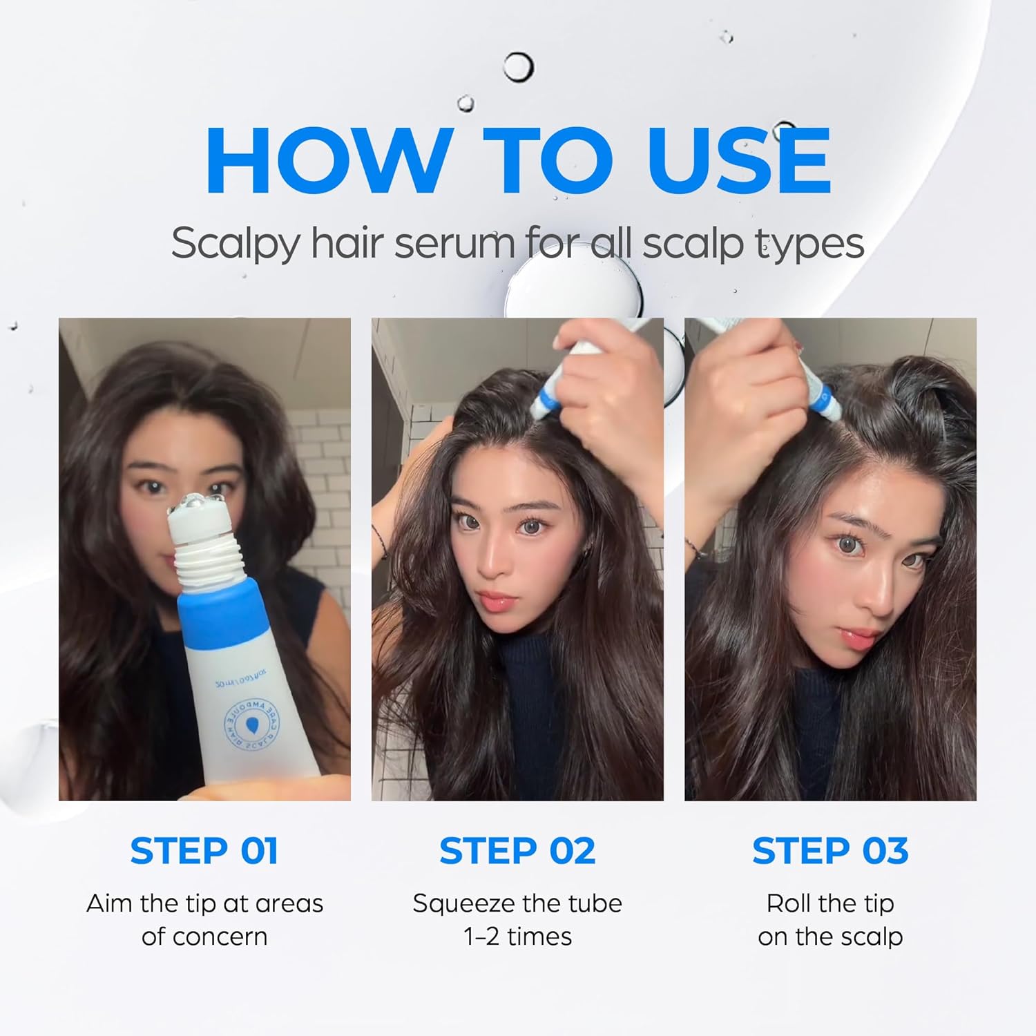 Instructions on how to use Scalpy hair serum for all scalp types with a woman applying it, Seapuri Scalpy Hair Serum 20ml