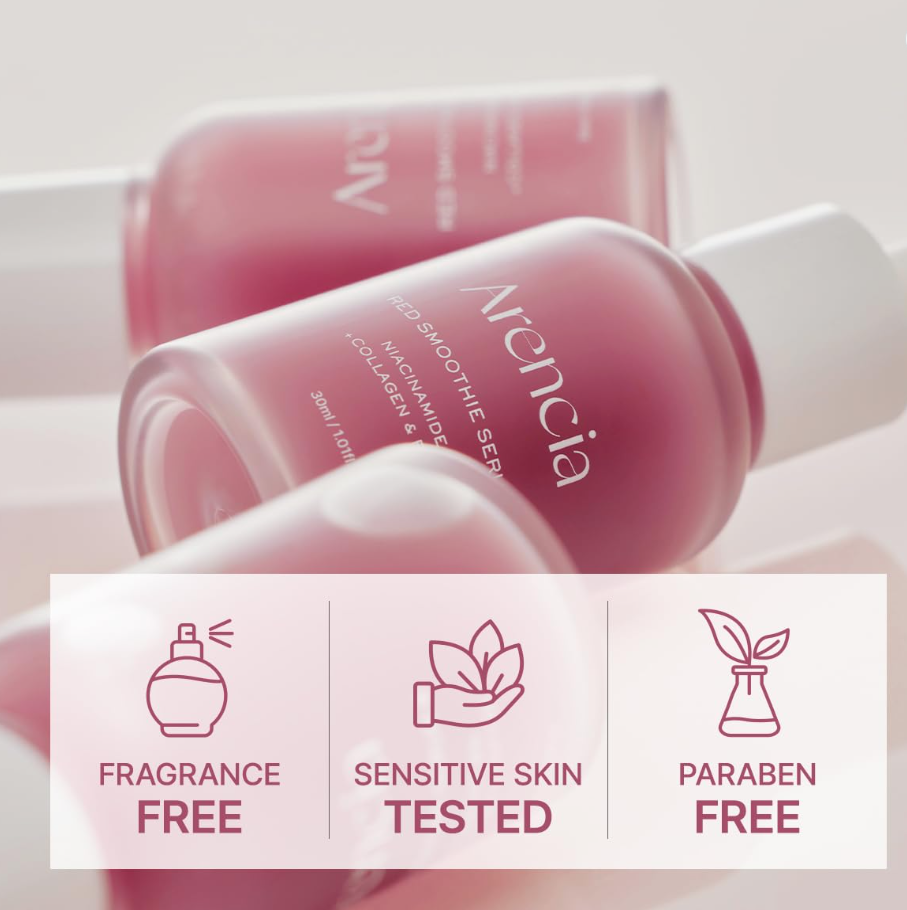Arenicia skincare serum bottles with product details on a light background, Arencia Red Smoothie Serum 8 30ml