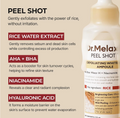 Dr. Melax Peel Shot product with text detailing its ingredients and benefits on a beige background, Dr.Melaxin PEEL SHOT EXFOLIATING WHITE RICE AMPOULE 80ml
