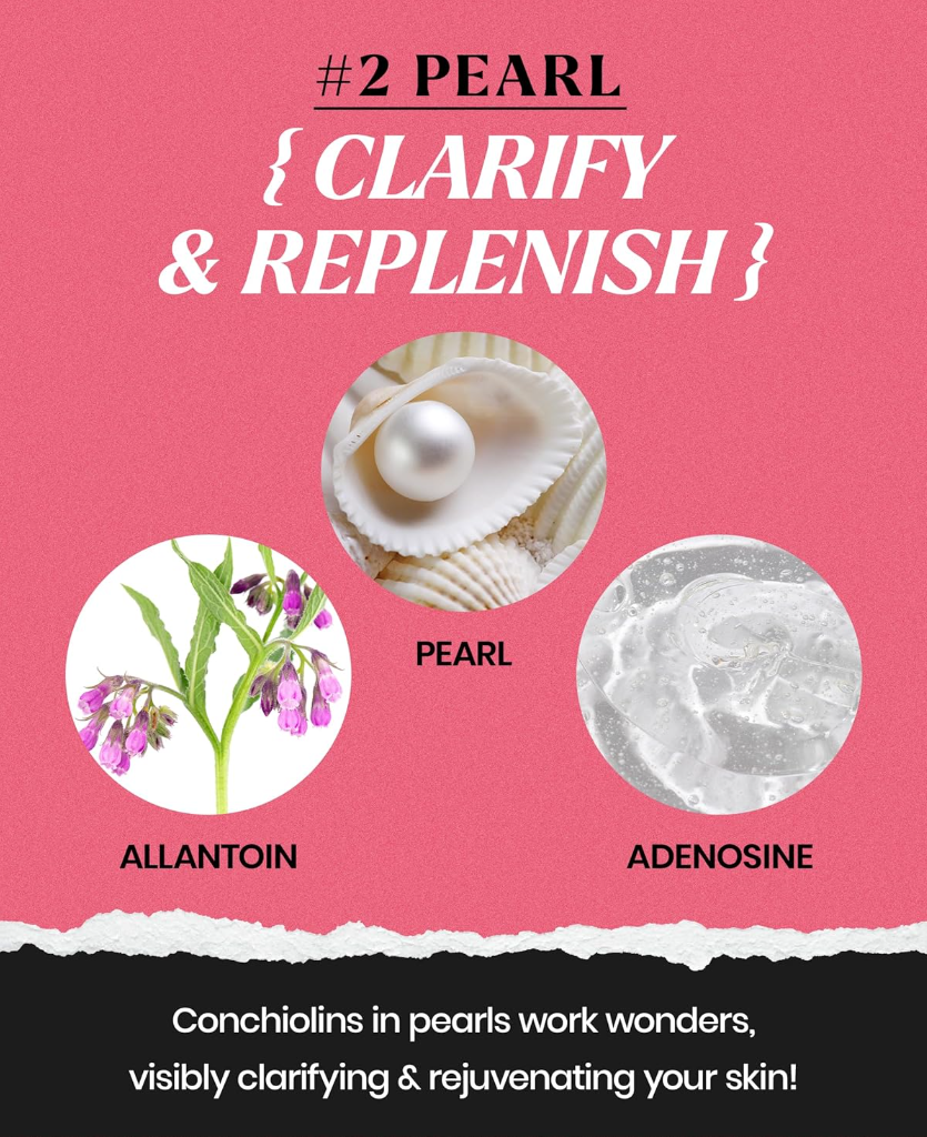 Advertisement for a skincare product featuring pearl, allantoin, and adenosine on a pink background, Lindsay Pearl Modeling Mask Cup Pack 28g
