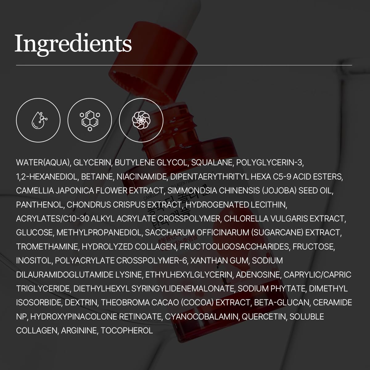 Product packaging with a list of ingredients on a dark background, Round Lab Camellia Deep Collagen Firming Ampoule 30ml