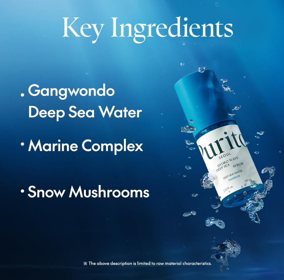 Purito skincare serum with key ingredients listed on a blue underwater background, Purito Seoul hydro Wave Deep Sea serum 60ml