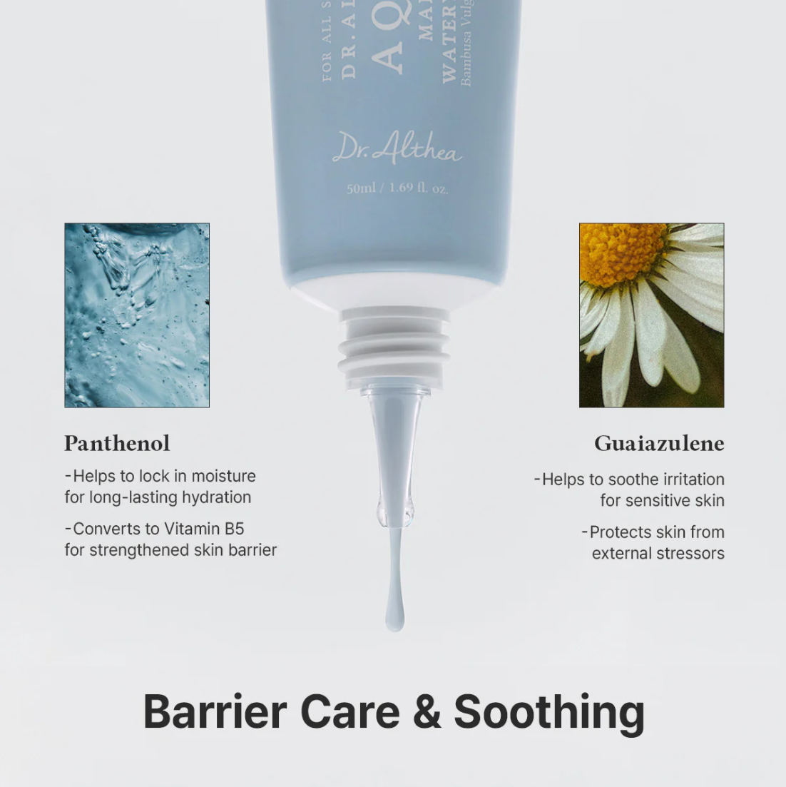 Skincare product with dropper labeled 'Dr. Althea' on a light gray background, featuring images of water and a flower, Dr.althea Aqua Marine Watery Cream 50ml