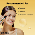 Woman applying skincare product with COSRX branding on a yellow background, Cosrx advanced snail Peptide eye cream 25ml