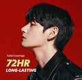 Person with short black hair against a red background with text about product longevity, TIRTIR Mask Fit Red Cushion 37C Almond 18g