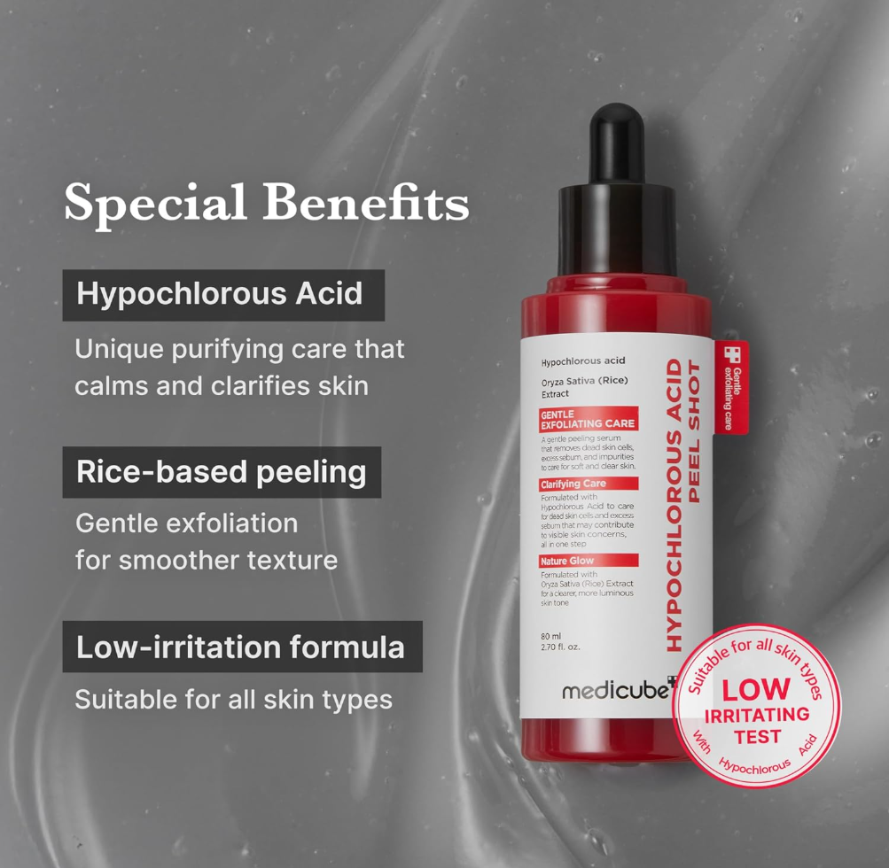 Medicube hypochlorous acid peel shot with benefits listed on a gray background, Medicube Hypochlorous Acid Peel Shot 80ml