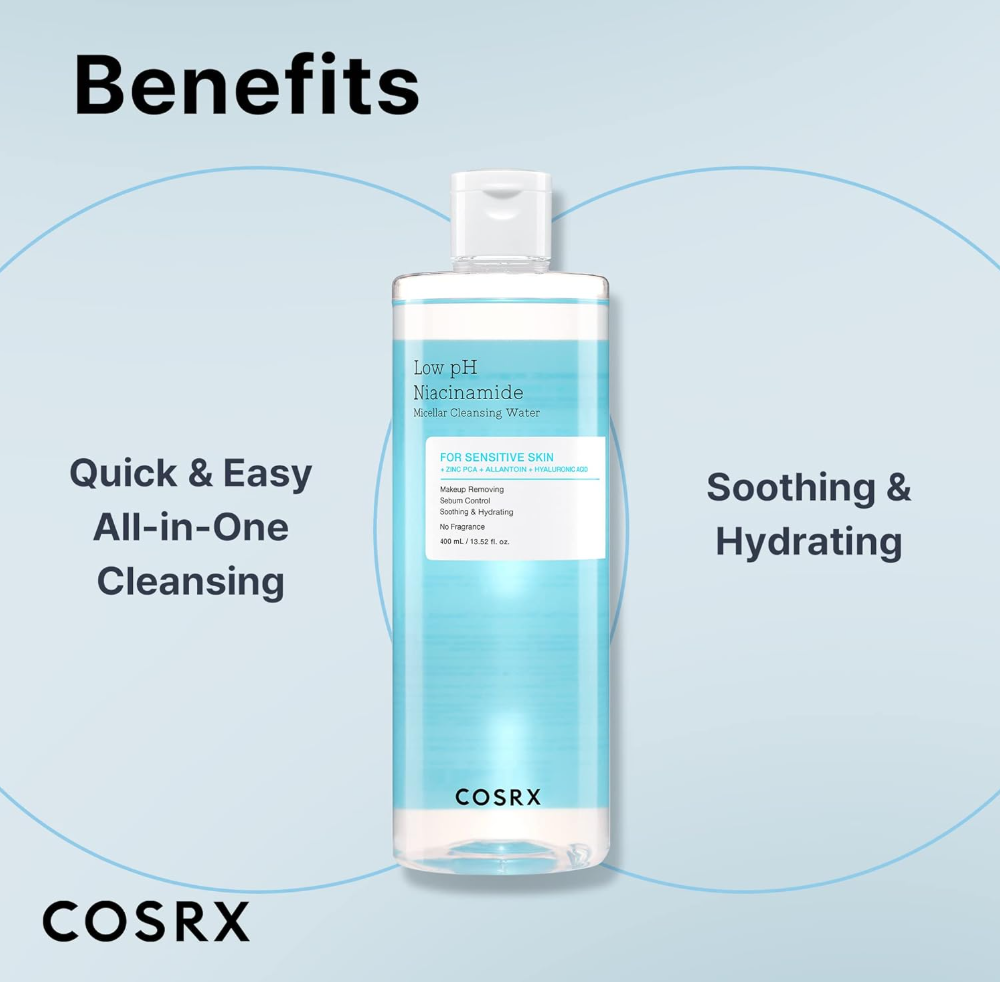COSRX skincare product with benefits listed on a light blue background, COSRX Low pH Niacinamide Micellar Cleansing Water 400ml
