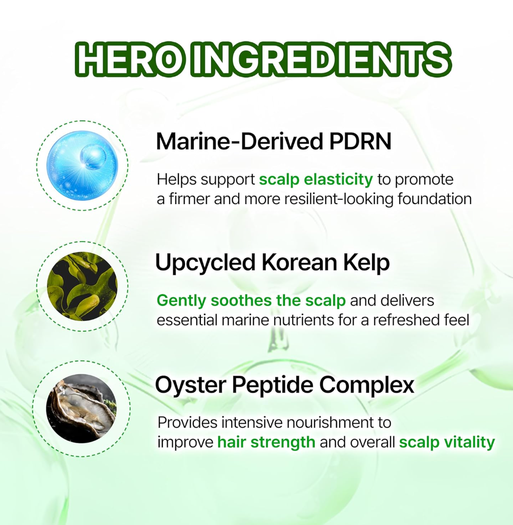 List of hero ingredients with icons and descriptions on a green background, Growus Algae Therapy Mineral Shampoo 500g