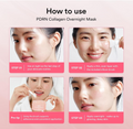 Instructional graphic titled 'How to use PDRN Collagen Overnight Mask' showing a four-step guide with photos of a woman applying and wearing the product on her face against a pink background, Abib PDRN Collagen Overnight Mask Face Firming Jelly (2.7fl oz / 80ml)